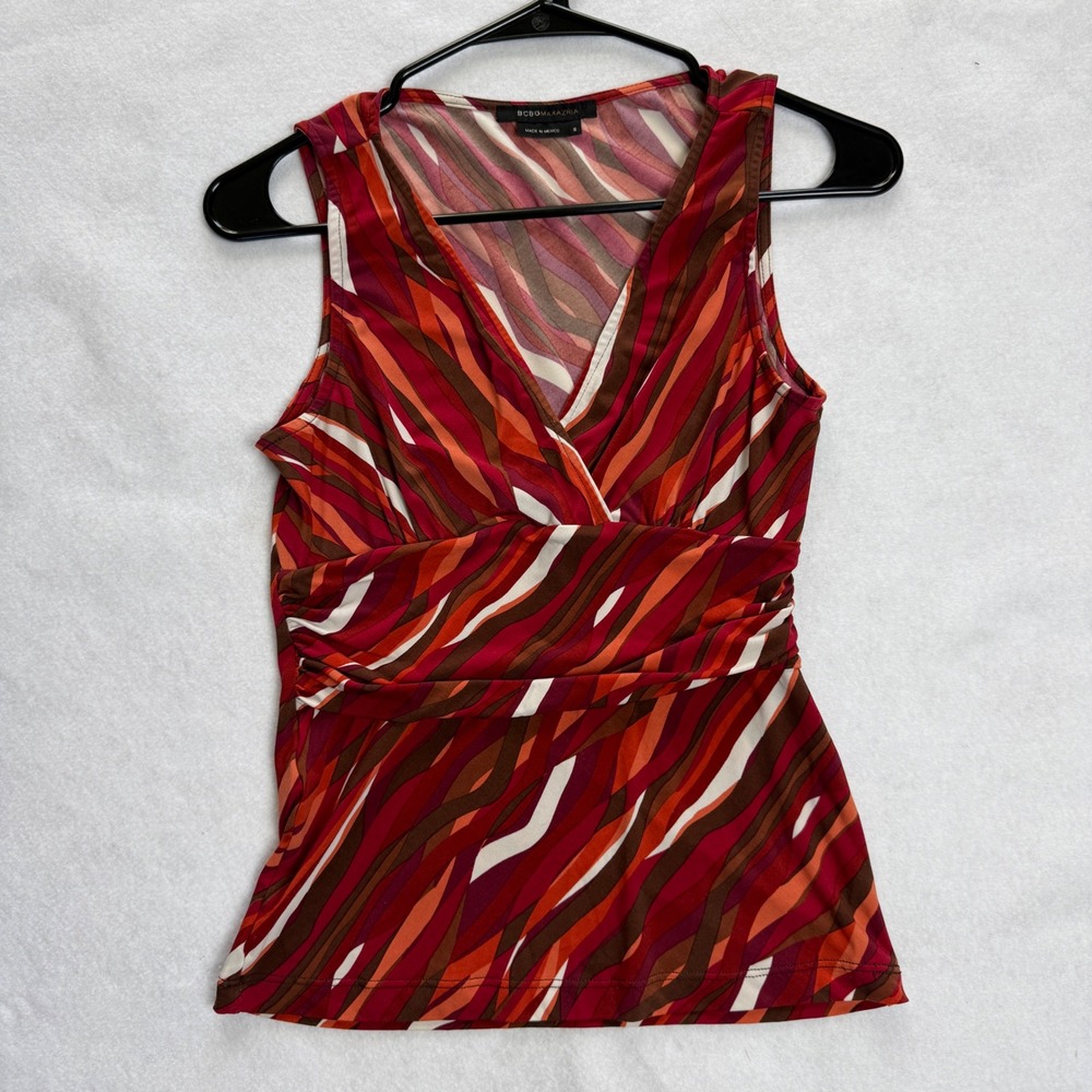 BCBG Y2K Women's Abstract Stripe Ruched V-Neck Sleeveless Top Size S Retro
